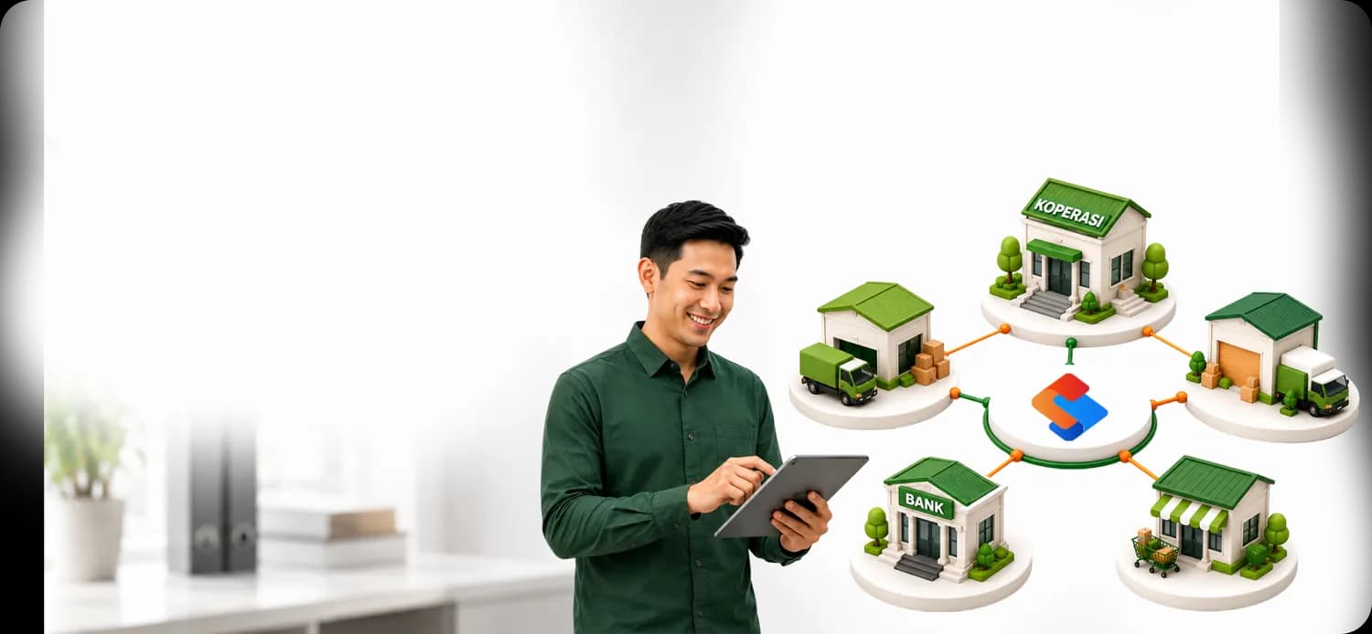 Empat persona ekosistem SPEconnect berdiskusi — distributor, koperasi, bank, dan retailer — dikelilingi ikon truk, bank, keranjang, dan jabat tangan