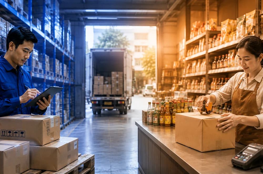 Pekerja gudang dan pemilik toko retail sedang mengemas barang, merepresentasikan pelaku rantai pasok dan koperasi yang dilayani SPEconnect
